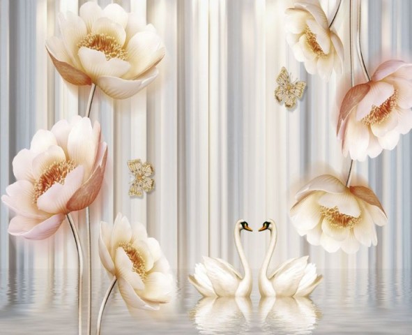 3D Скатерть «Лебеди с объемными цветами и бабочками» вид 1