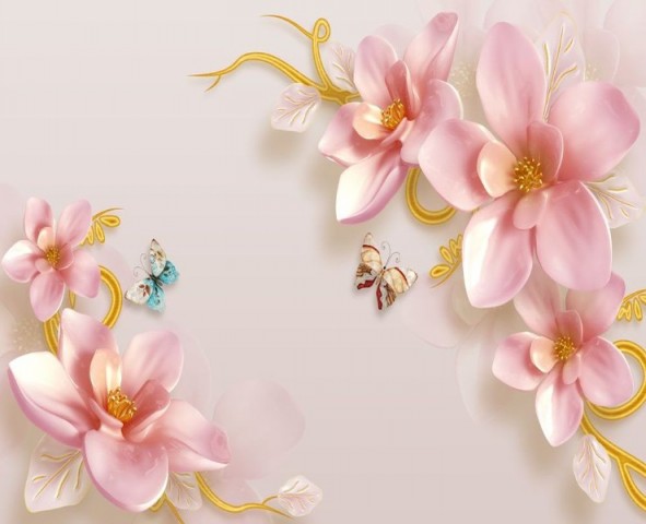 3D Скатерть «Фарфоровые магнолии с бабочками» вид 1