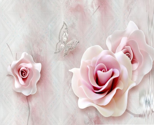 3D Скатерть «Розы с ювелирной бабочкой» вид 1