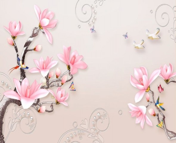 3D Скатерть «Серебристые ветви розовых магнолий» вид 1