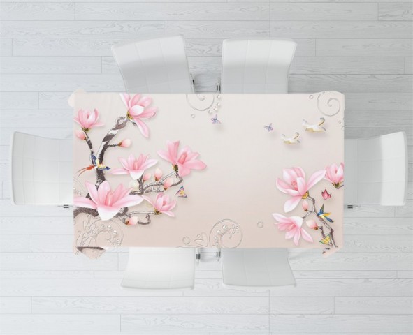 3D Скатерть «Серебристые ветви розовых магнолий» вид 2