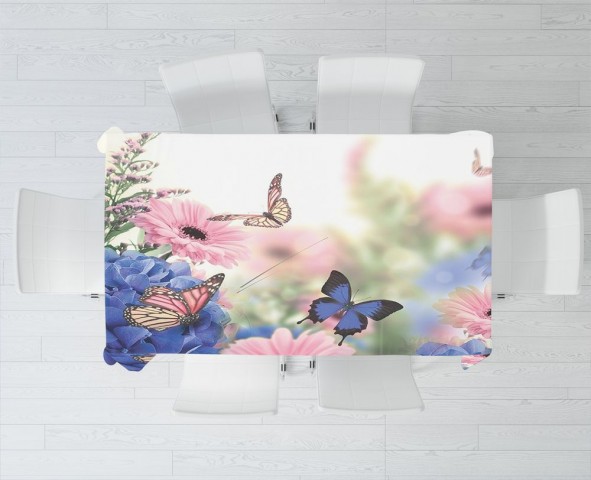 Полотняная 3D скатерть на обеденный стол «Бабочки над герберами» вид 3