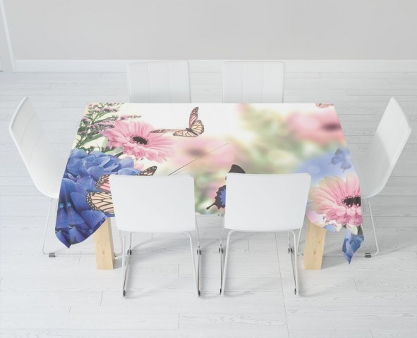 Полотняная 3D скатерть на обеденный стол «Бабочки над герберами» вид 6