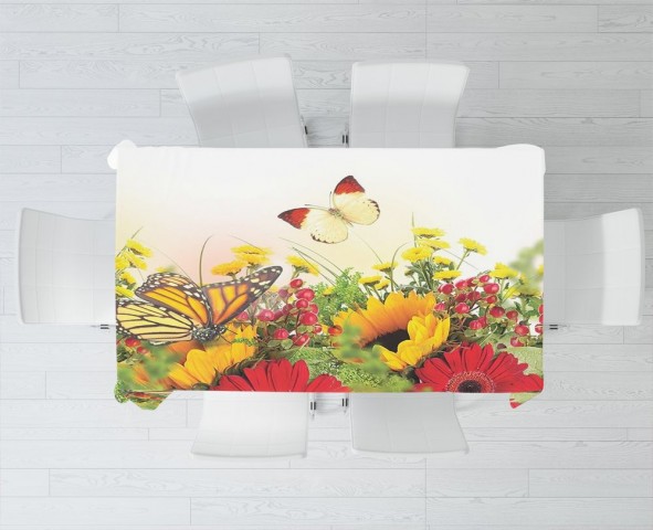 Текстильная фотоскатерть на обеденный стол «Бабочки над яркими цветами» вид 3