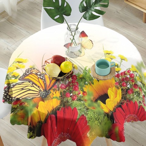 Текстильная фотоскатерть на обеденный стол «Бабочки над яркими цветами» вид 5