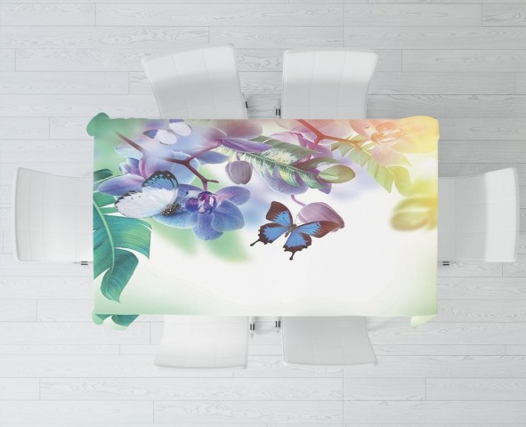 Тканевая 3D скатерть для стола «Бабочки под орхидеей» вид 3