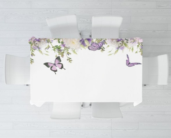 Полотняная скатерть на обеденный стол «Сиреневые бабочки» вид 3