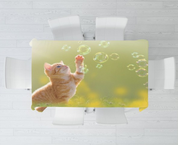 Полотняная фотоскатерть на обеденный стол «Рыжий кот с мыльными пузырями» вид 3