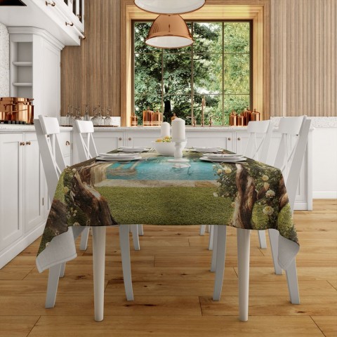 Полотняная 3D скатерть на обеденный стол «Арка с видом на сказочный пруд с лебедями» вид 2
