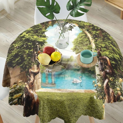 Полотняная 3D скатерть на обеденный стол «Арка с видом на сказочный пруд с лебедями» вид 5