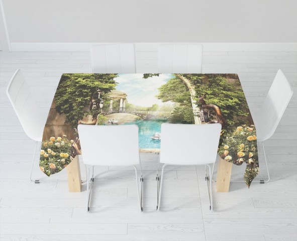Полотняная 3D скатерть на обеденный стол «Арка с видом на сказочный пруд с лебедями» вид 6