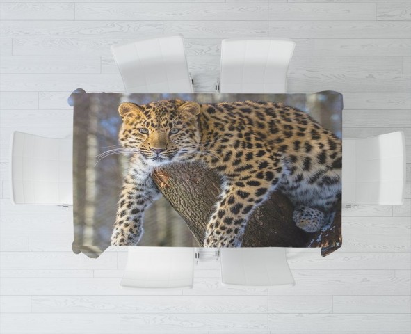 Полотняная 3D скатерть на обеденный стол «Амурский леопард» вид 3