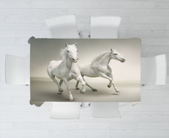 Полотняная скатерть на кухонный стол «Белые лошади на сером фоне» вид 3