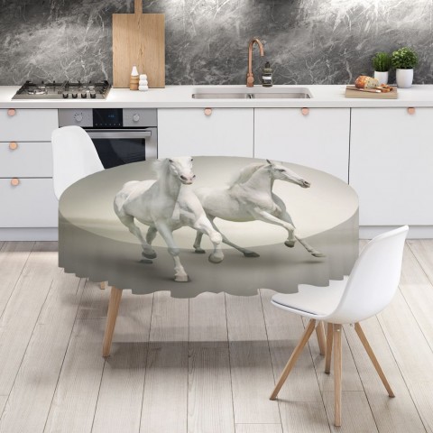 Полотняная скатерть на кухонный стол «Белые лошади на сером фоне» вид 4