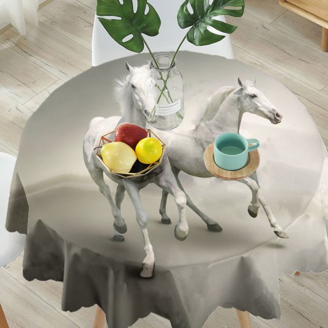 Полотняная скатерть на кухонный стол «Белые лошади на сером фоне» вид 5