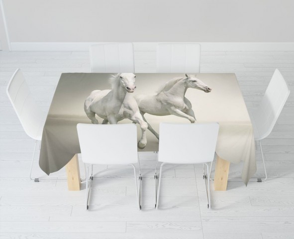 Полотняная скатерть на кухонный стол «Белые лошади на сером фоне» вид 6