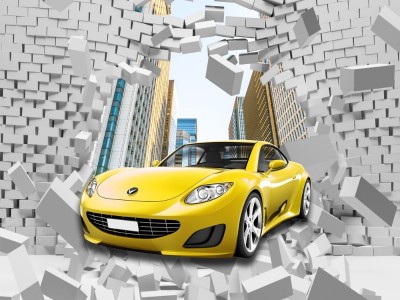 3D Фотообои «Желтый автомобиль через стену»