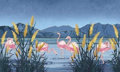 3D Фотообои «Фламинго в вечернем пруду»