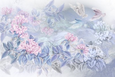 3D Фотообои  «Порхающие голуби над цветами»