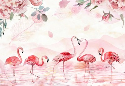3D Фотообои «Озеро с фламинго»