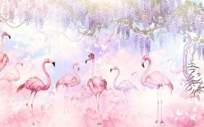 3D Фотообои «Райские фламинго»
