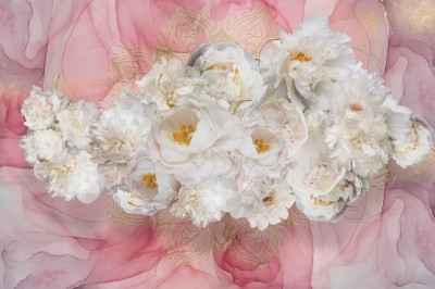 3D Фотообои «Роскошные пионы на розовом мраморе»
