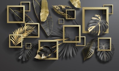 3D Фотообои «Листья с золотыми квадратами»