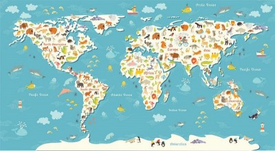 3D Фотообои «Карта мира с животными на английском языке»