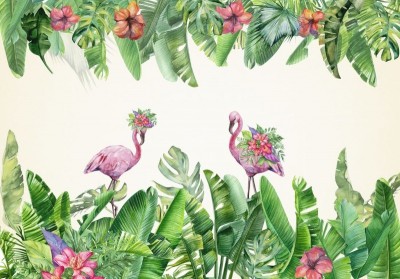 3D Фотообои «Цветущие фламинго»
