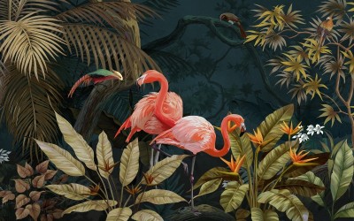 3D Фотообои «Фламинго в вечерних тропиках»  