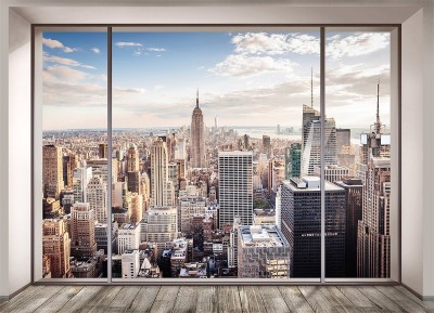 3D Фотообои «Большое окно с видом на мегаполис»