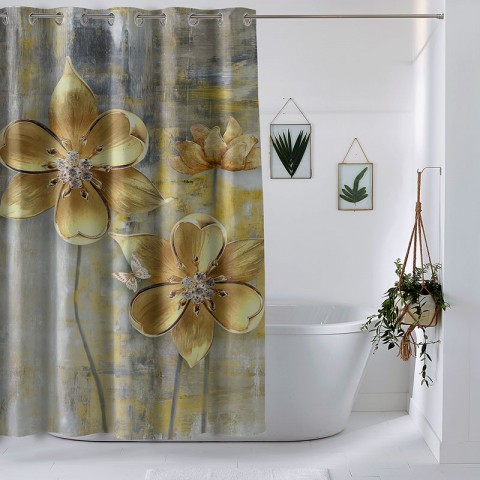 Штора для ванной «Золотые цветы на художественном холсте» 149x260 вид 2