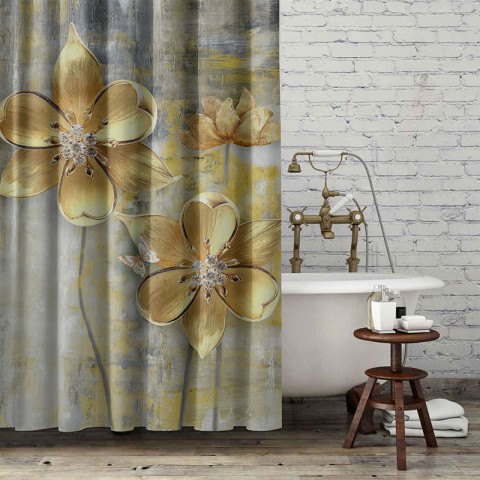 Штора для ванной «Золотые цветы на художественном холсте» 149x260 вид 3