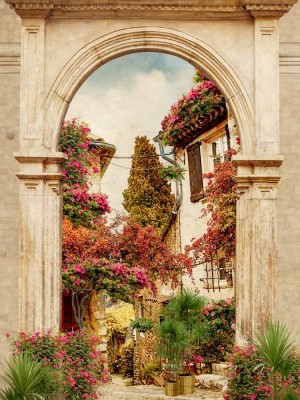 3D Фотообои «Арка в цветущем дворике»