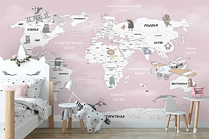 Фотообои «Весёлая карта мира в розовых тонах»