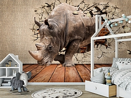 3D Фотообои «Носорог сквозь стену»