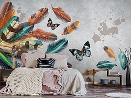 3D Фотообои «Бабочки в ярких перьях»