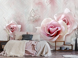 3D Фотообои «Розы с ювелирной бабочкой»