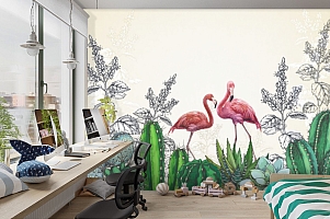 3D Фотообои «Фламинго в кактусах»