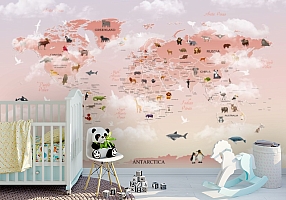3D Фотообои «Розовая карта с животными»