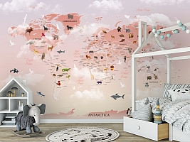 3D Фотообои «Розовая карта с животными»