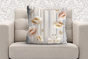 3D Подушка «Лебеди с объемными цветами и бабочками» вид 6