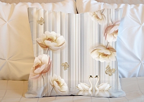 3D Подушка «Лебеди с объемными цветами и бабочками» вид 5