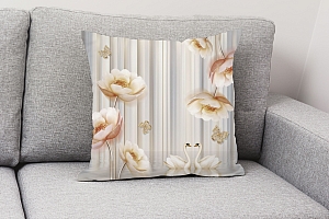 3D Подушка «Лебеди с объемными цветами и бабочками» вид 2