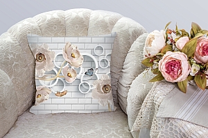 3D Подушка «Кованые цветы с кольцами на кирпичной стене» вид 3