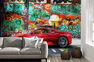 3D Фотообои «Красный автомобиль на фоне граффити»