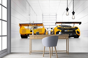 3D Фотообои «Светлый гараж с двумя желтыми спорткарами»