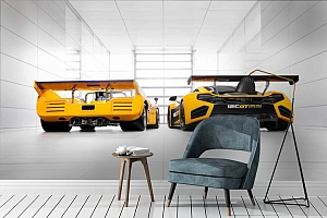 3D Фотообои «Светлый гараж с двумя желтыми спорткарами»