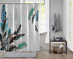 Шторы для ванной «Мраморная фантазия с перьями и бабочками» вид 2