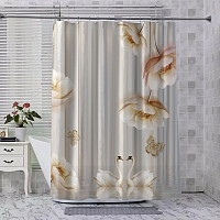 Шторы для ванной «Лебеди с объемными цветами и бабочками» вид 8